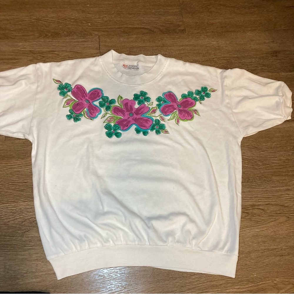 Vintage Granny Core Floral Graphic Print White Short Sleeve Sweater 70’s Style